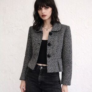 VTG Talbots Tweed Wool Jacket Black White Cropped Blazer Classic Chic Size 12